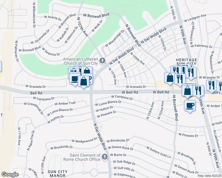 map of restaurants, bars, coffee shops, grocery stores, and more near 17040 North 107th Avenue in Sun City