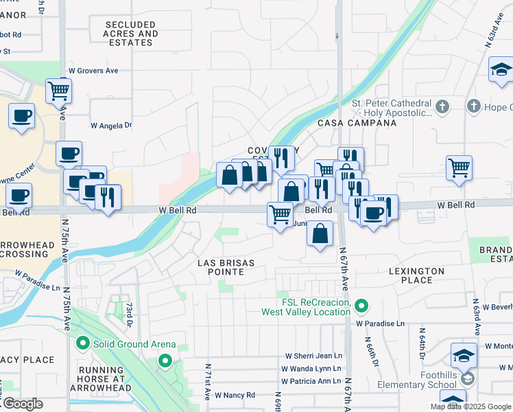 map of restaurants, bars, coffee shops, grocery stores, and more near 17040 North 69th Avenue in Glendale