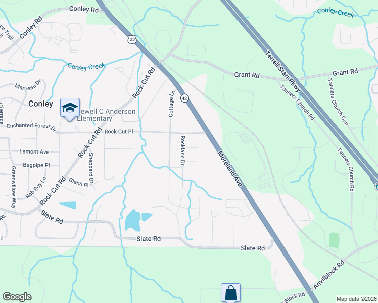 map of restaurants, bars, coffee shops, grocery stores, and more near 2034 Winmar Lane in Conley
