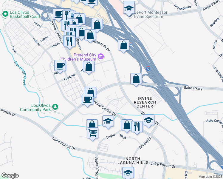 map of restaurants, bars, coffee shops, grocery stores, and more near 10 Edelman in Irvine