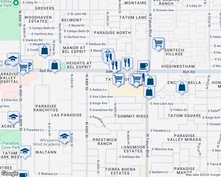 map of restaurants, bars, coffee shops, grocery stores, and more near 4617 East Bell Road in Phoenix