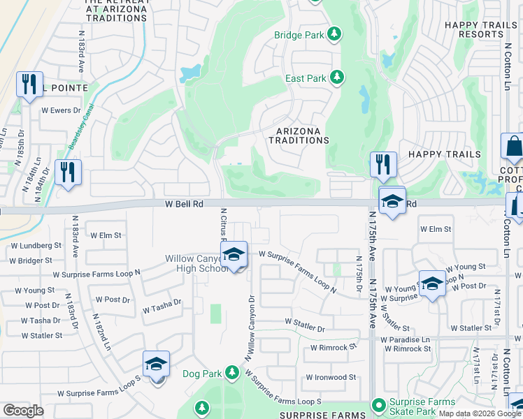 map of restaurants, bars, coffee shops, grocery stores, and more near 17785 West Bell Road in Surprise