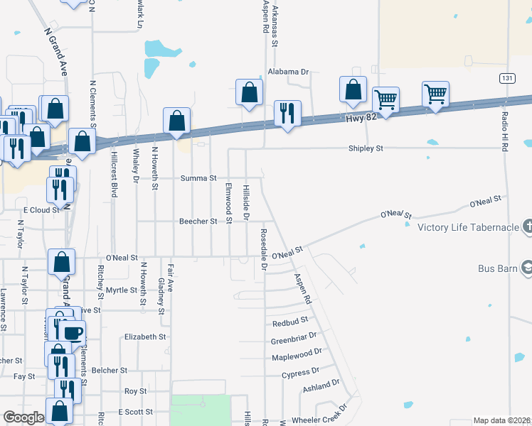 map of restaurants, bars, coffee shops, grocery stores, and more near 1208 Hillside Drive in Gainesville