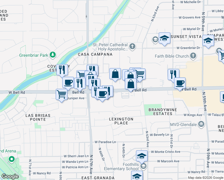 map of restaurants, bars, coffee shops, grocery stores, and more near West Bell Road in Phoenix