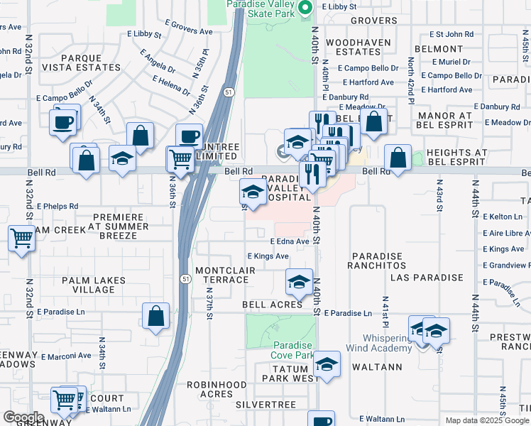 map of restaurants, bars, coffee shops, grocery stores, and more near 3950 East Bell Road in Phoenix