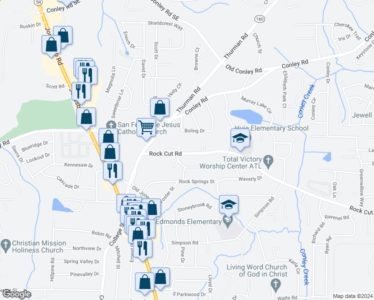 map of restaurants, bars, coffee shops, grocery stores, and more near 1116 Rockcut Road in Forest Park