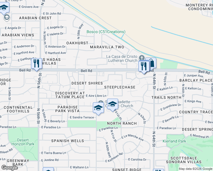 map of restaurants, bars, coffee shops, grocery stores, and more near 16821 North 60th Place in Scottsdale