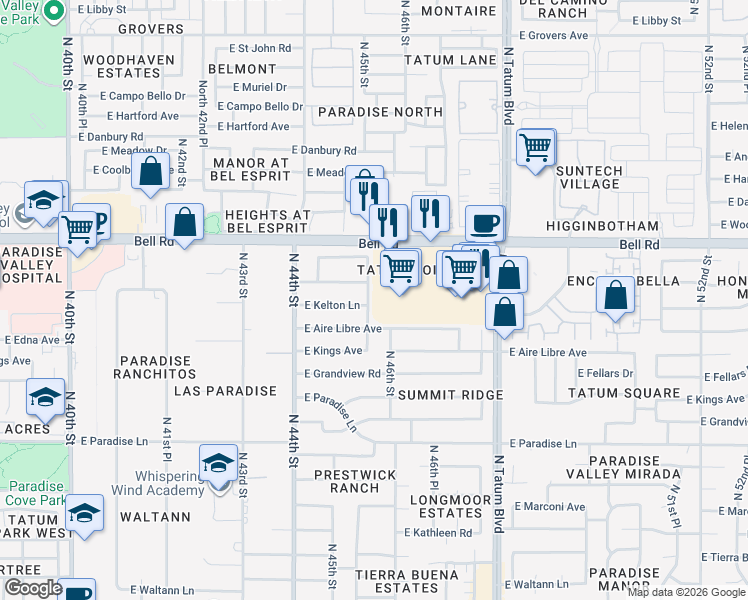 map of restaurants, bars, coffee shops, grocery stores, and more near 4617 East Bell Road in Phoenix