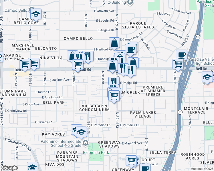 map of restaurants, bars, coffee shops, grocery stores, and more near 16801 North 31st Street in Phoenix