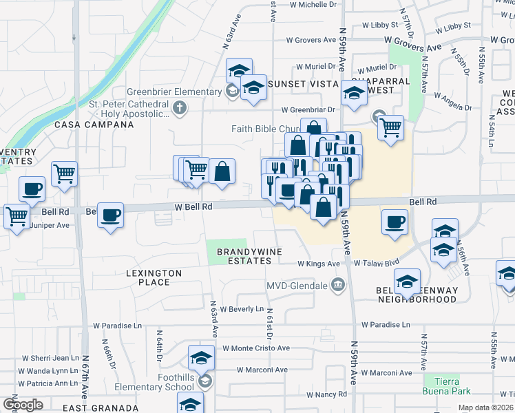 map of restaurants, bars, coffee shops, grocery stores, and more near in Glendale