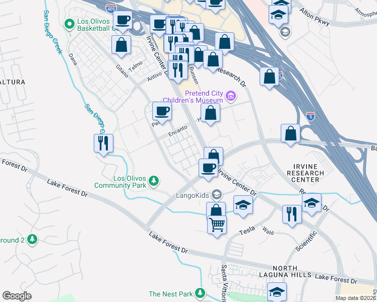 map of restaurants, bars, coffee shops, grocery stores, and more near 107 Montero in Irvine