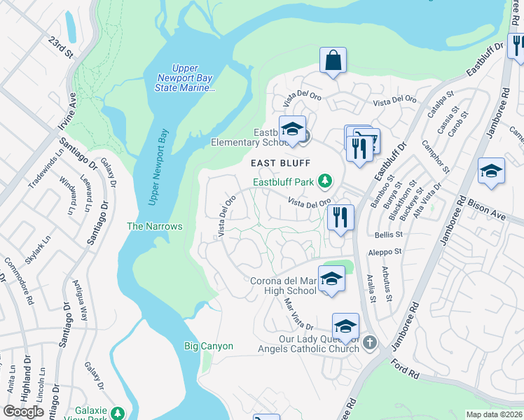 map of restaurants, bars, coffee shops, grocery stores, and more near 411 Vista Flora in Newport Beach