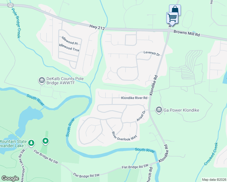 map of restaurants, bars, coffee shops, grocery stores, and more near 4742 Klondike Road in Stonecrest