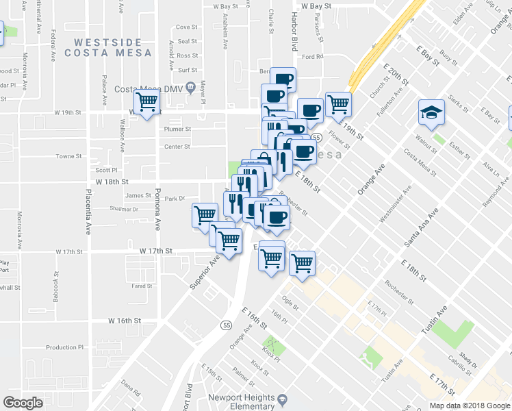 map of restaurants, bars, coffee shops, grocery stores, and more near 1777 Newport Blvd in Costa Mesa
