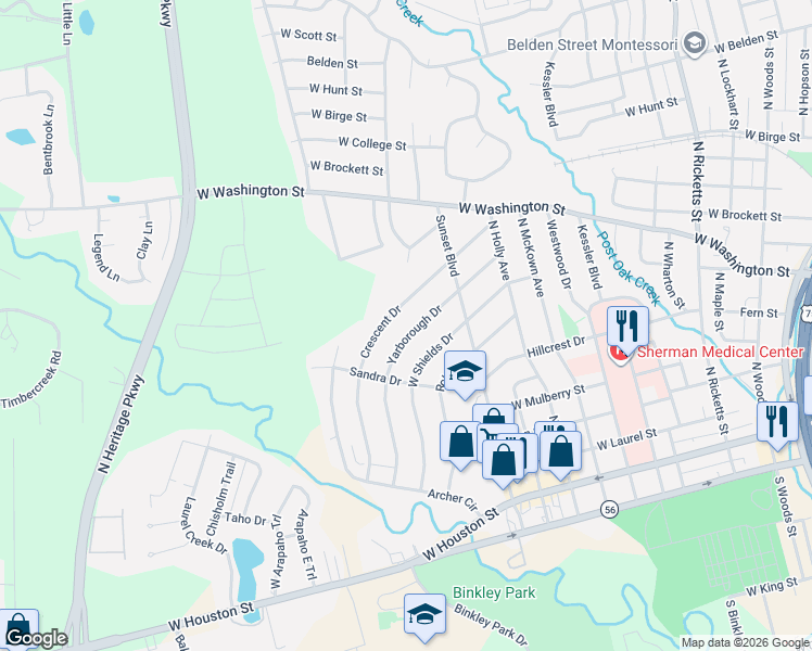 map of restaurants, bars, coffee shops, grocery stores, and more near 1517 Yarborough Drive in Sherman