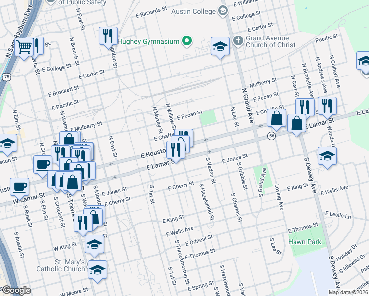 map of restaurants, bars, coffee shops, grocery stores, and more near 906 East Houston Street in Sherman