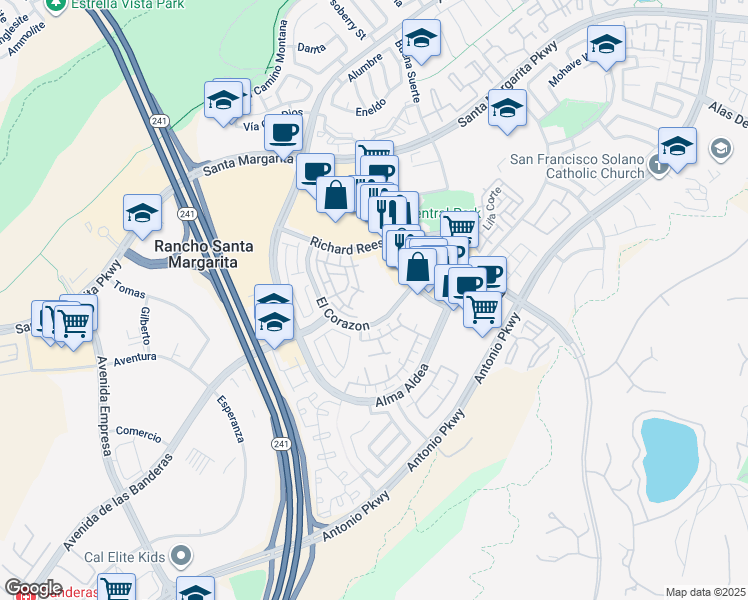 map of restaurants, bars, coffee shops, grocery stores, and more near 30751 El Corazon in Rancho Santa Margarita