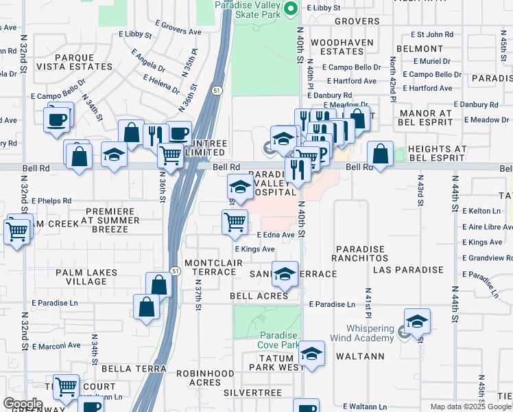 map of restaurants, bars, coffee shops, grocery stores, and more near 3815 East Bell Road in Phoenix