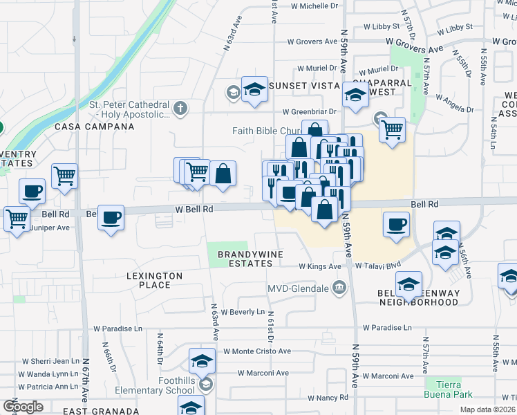 map of restaurants, bars, coffee shops, grocery stores, and more near 6161 West Bell Road in Glendale