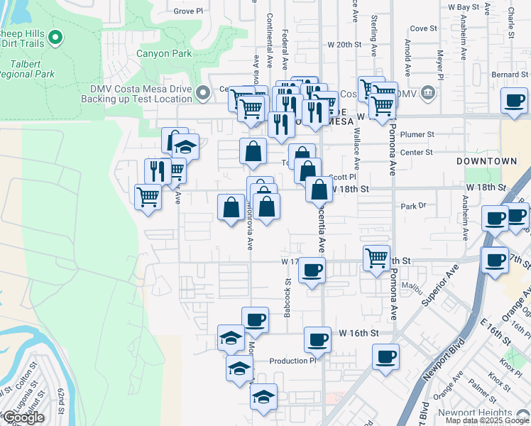 map of restaurants, bars, coffee shops, grocery stores, and more near 1782 Monrovia Avenue in Costa Mesa