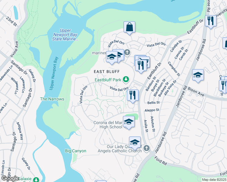 map of restaurants, bars, coffee shops, grocery stores, and more near 2601 Fortuna in Newport Beach