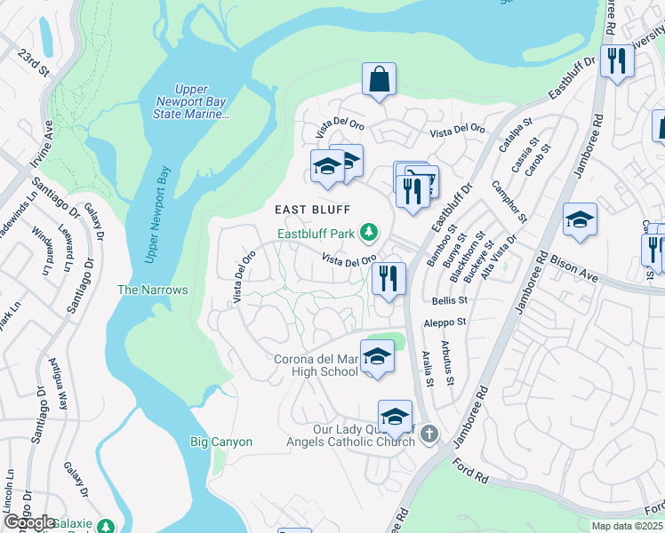 map of restaurants, bars, coffee shops, grocery stores, and more near 2601 Fortuna in Newport Beach