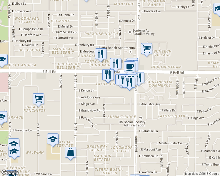 map of restaurants, bars, coffee shops, grocery stores, and more near 4617 East Bell Road in Phoenix