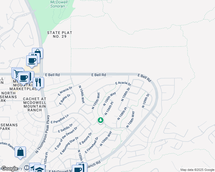 map of restaurants, bars, coffee shops, grocery stores, and more near 10660 East Acacia Drive in Scottsdale