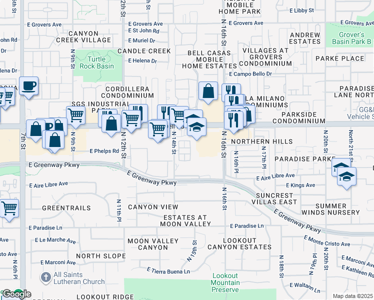 map of restaurants, bars, coffee shops, grocery stores, and more near 16825 North 14th Street in Phoenix
