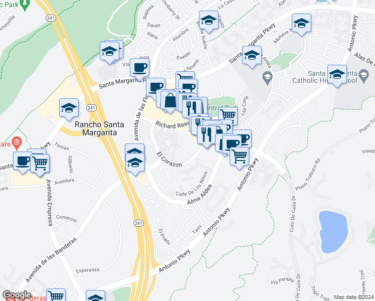 map of restaurants, bars, coffee shops, grocery stores, and more near 30751 El Corazon in Rancho Santa Margarita