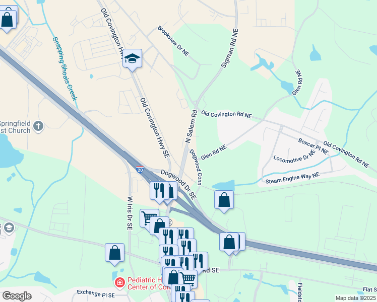 map of restaurants, bars, coffee shops, grocery stores, and more near Salem Lane Southeast in Rockdale County