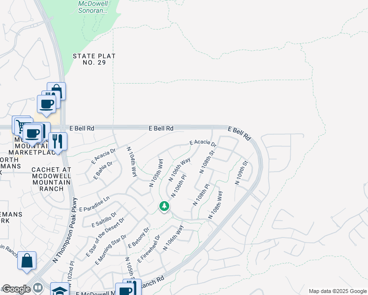 map of restaurants, bars, coffee shops, grocery stores, and more near 10660 East Acacia Drive in Scottsdale