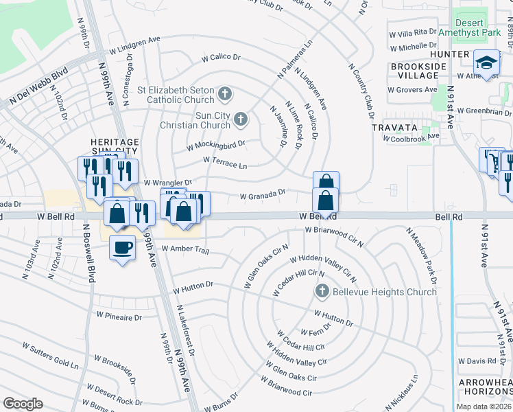 map of restaurants, bars, coffee shops, grocery stores, and more near 17027 North 97th Avenue in Sun City