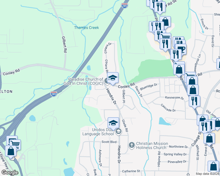 map of restaurants, bars, coffee shops, grocery stores, and more near 4234 Hendrix Drive in Forest Park