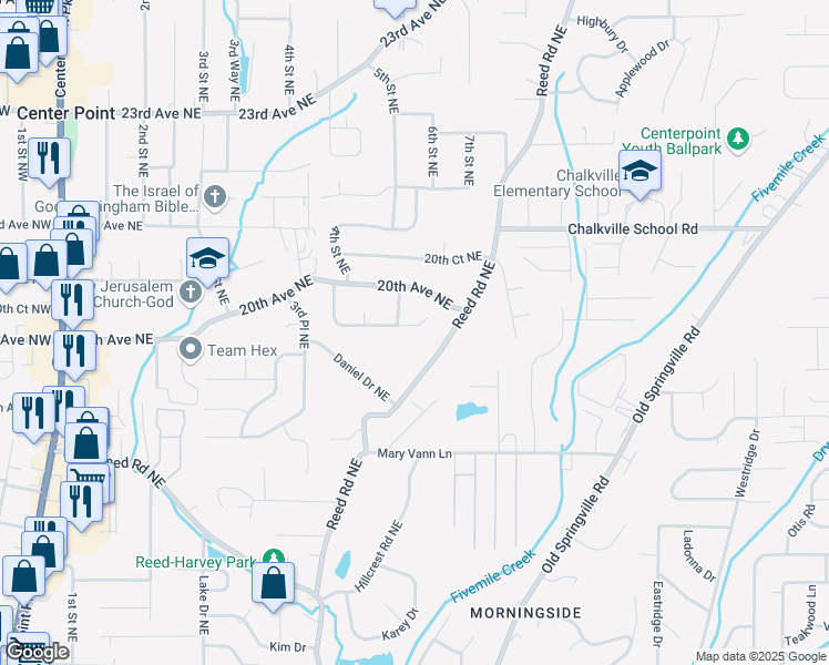 map of restaurants, bars, coffee shops, grocery stores, and more near 445 19th Terrace Northeast in Center Point