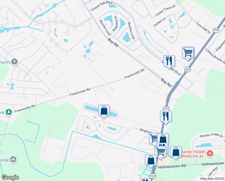 map of restaurants, bars, coffee shops, grocery stores, and more near 9211-9233 Freewoods Rd in Myrtle Beach