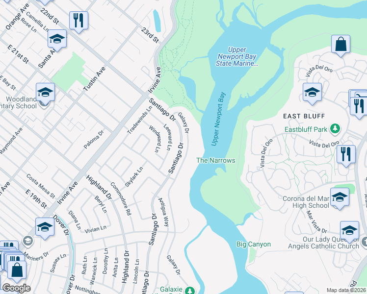 map of restaurants, bars, coffee shops, grocery stores, and more near 1912 Santiago Drive in Newport Beach
