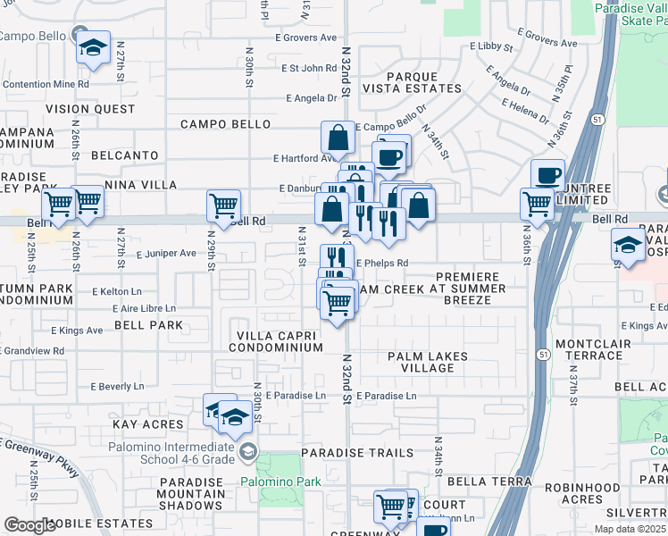 map of restaurants, bars, coffee shops, grocery stores, and more near 16666 North 32nd Street in Phoenix