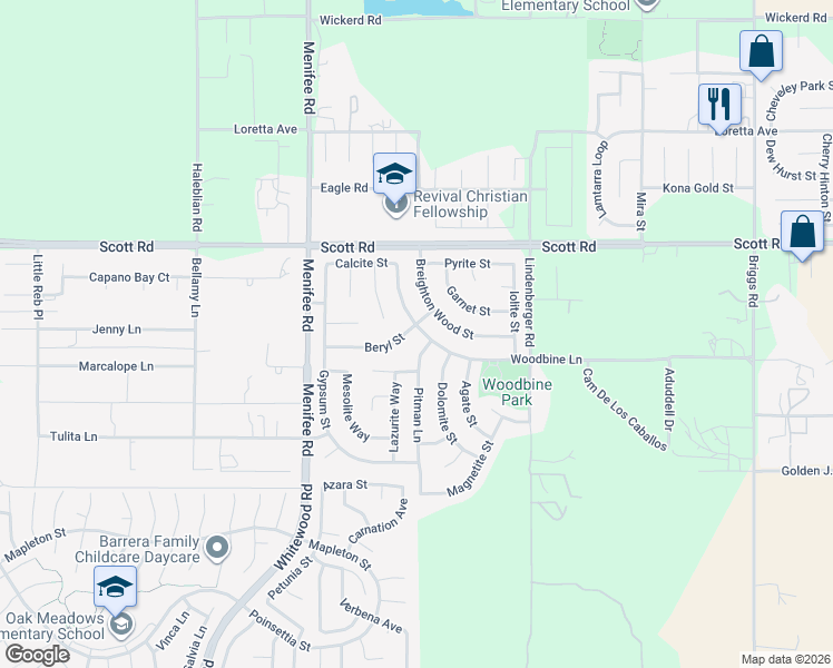 map of restaurants, bars, coffee shops, grocery stores, and more near 29263 Beryl Street in Menifee
