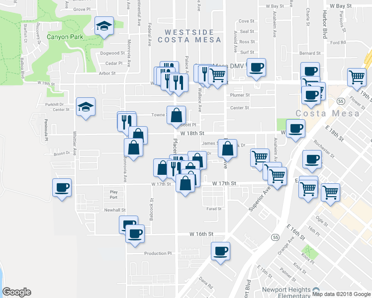 map of restaurants, bars, coffee shops, grocery stores, and more near 778 Shalimar Drive in Costa Mesa