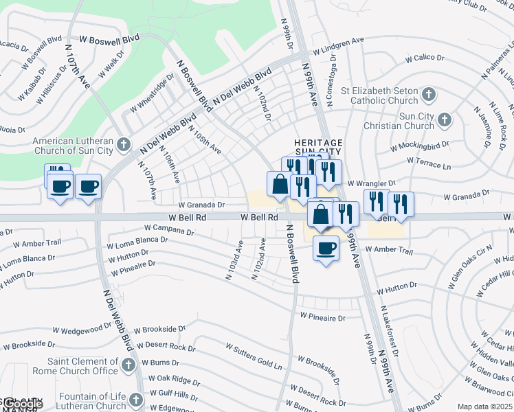 map of restaurants, bars, coffee shops, grocery stores, and more near 10240 West Bell Road in Sun City