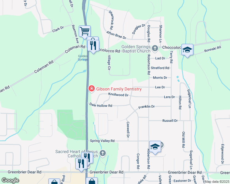 map of restaurants, bars, coffee shops, grocery stores, and more near 3619 Knollwood Drive in Anniston
