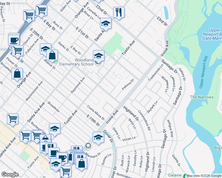 map of restaurants, bars, coffee shops, grocery stores, and more near 2015 Aliso Avenue in Costa Mesa