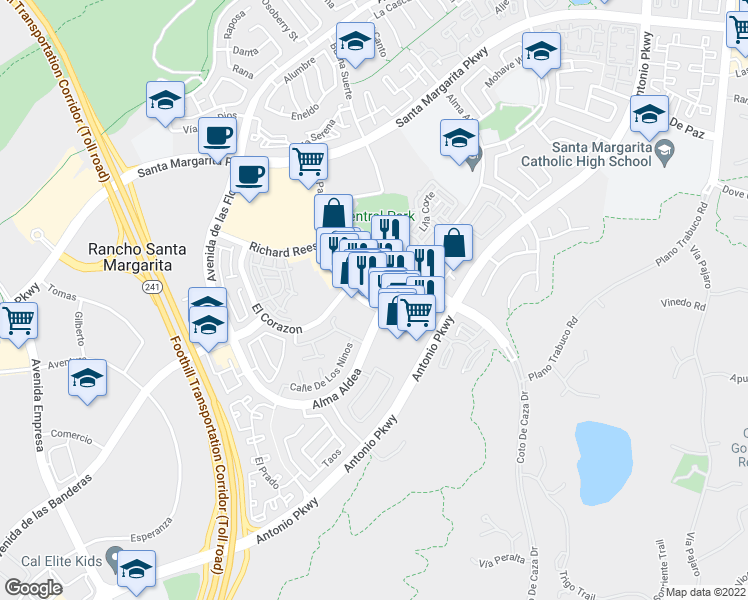 map of restaurants, bars, coffee shops, grocery stores, and more near 22372 El Paseo in Rancho Santa Margarita