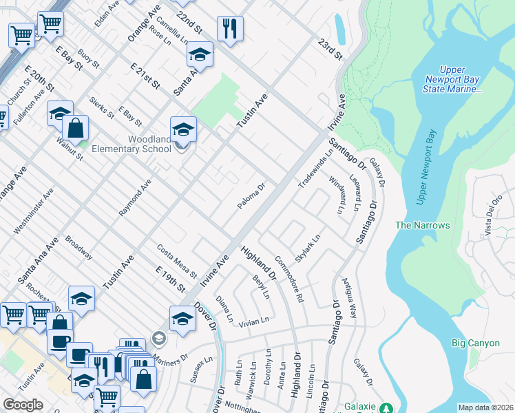 map of restaurants, bars, coffee shops, grocery stores, and more near 1717 Irvine Avenue in Newport Beach