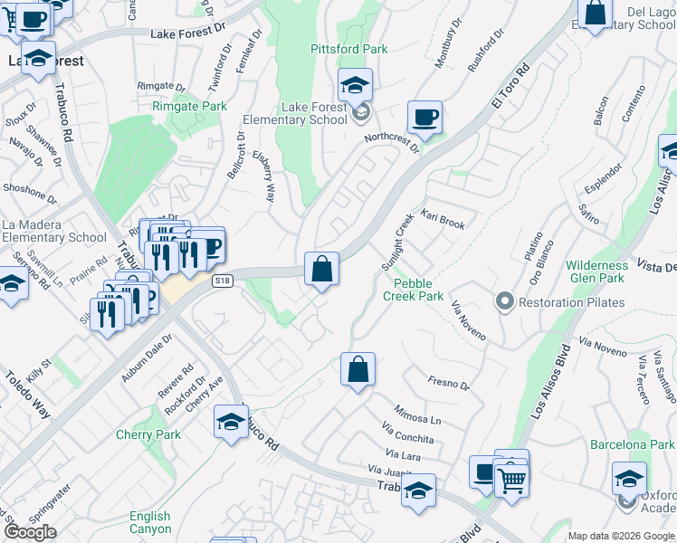 map of restaurants, bars, coffee shops, grocery stores, and more near 26257 Hillsford Place in Lake Forest