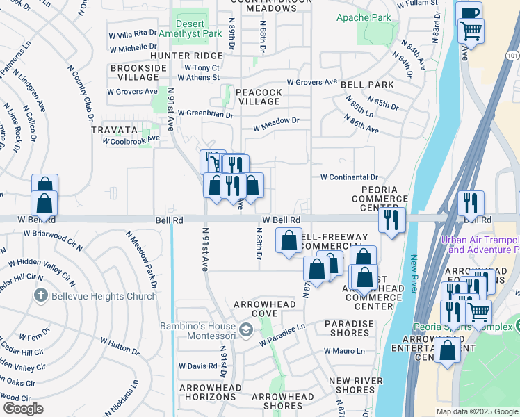 map of restaurants, bars, coffee shops, grocery stores, and more near 8820 West Bell Road in Peoria