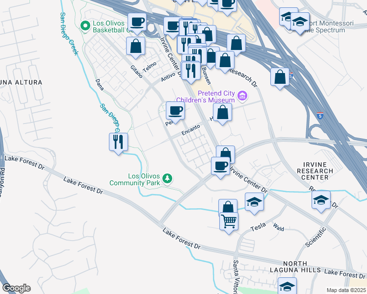 map of restaurants, bars, coffee shops, grocery stores, and more near 138 Linda Vista in Irvine