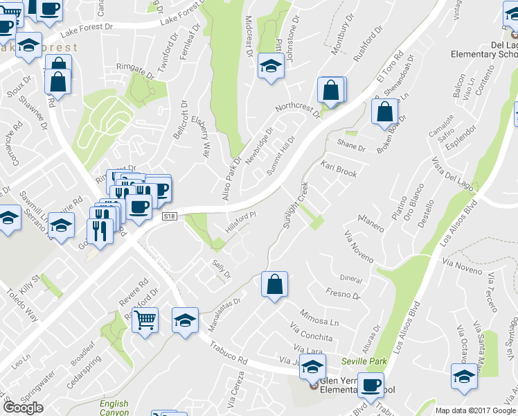 map of restaurants, bars, coffee shops, grocery stores, and more near 26253 Hillsford Place in Lake Forest