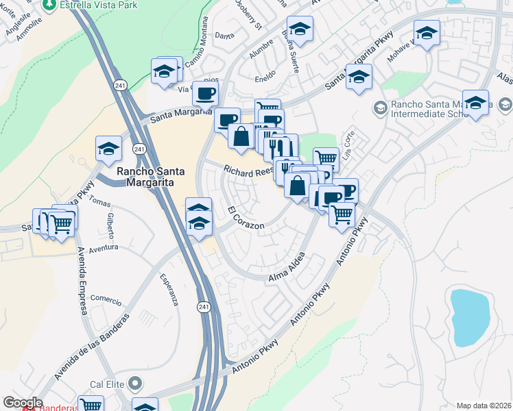 map of restaurants, bars, coffee shops, grocery stores, and more near 41 Paseo Simpatico in Rancho Santa Margarita